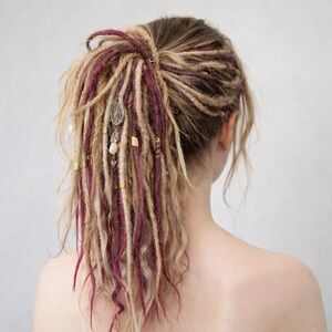 Handmade Boho Dreadlock Extension Piece in Beige and Magenta